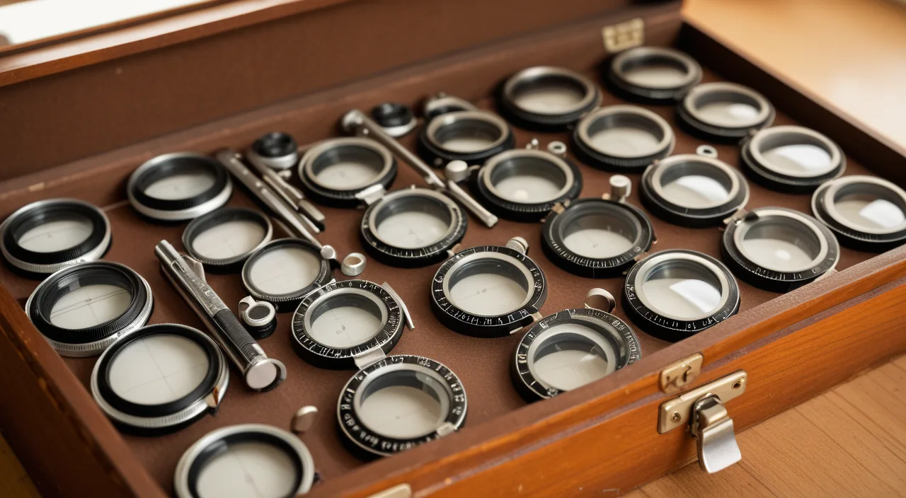 A trial lens kit with rows of labeled lenses in a wooden case