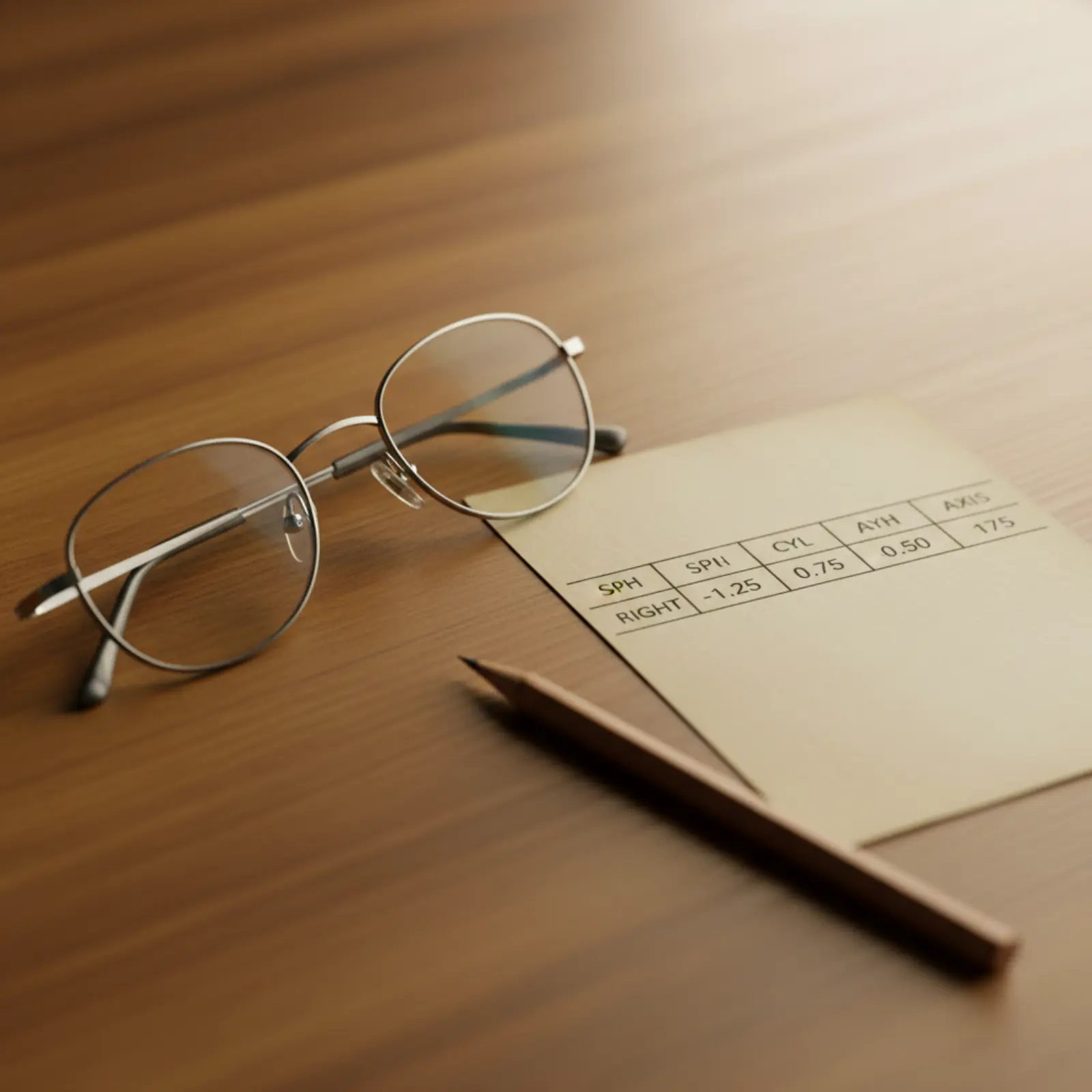 A printed eyeglass prescription card on a warm wooden desk beside folded thin metal reading glasses and a sharpened wooden pencil.
