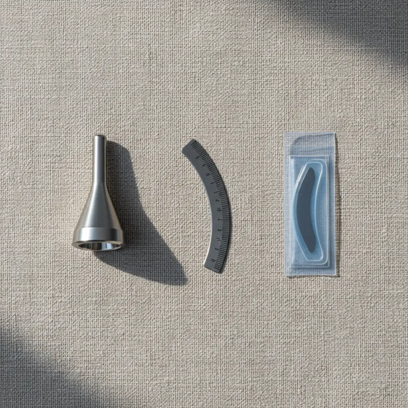Three small refractive-surgery instruments arranged on a neutral linen surface — a femtosecond laser cone tip, an excimer ablation profile gauge, and a microkeratome blade.