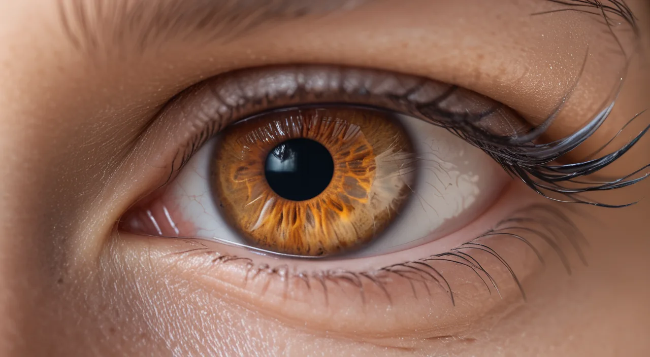Extreme close-up of a human eye with warm light reflections