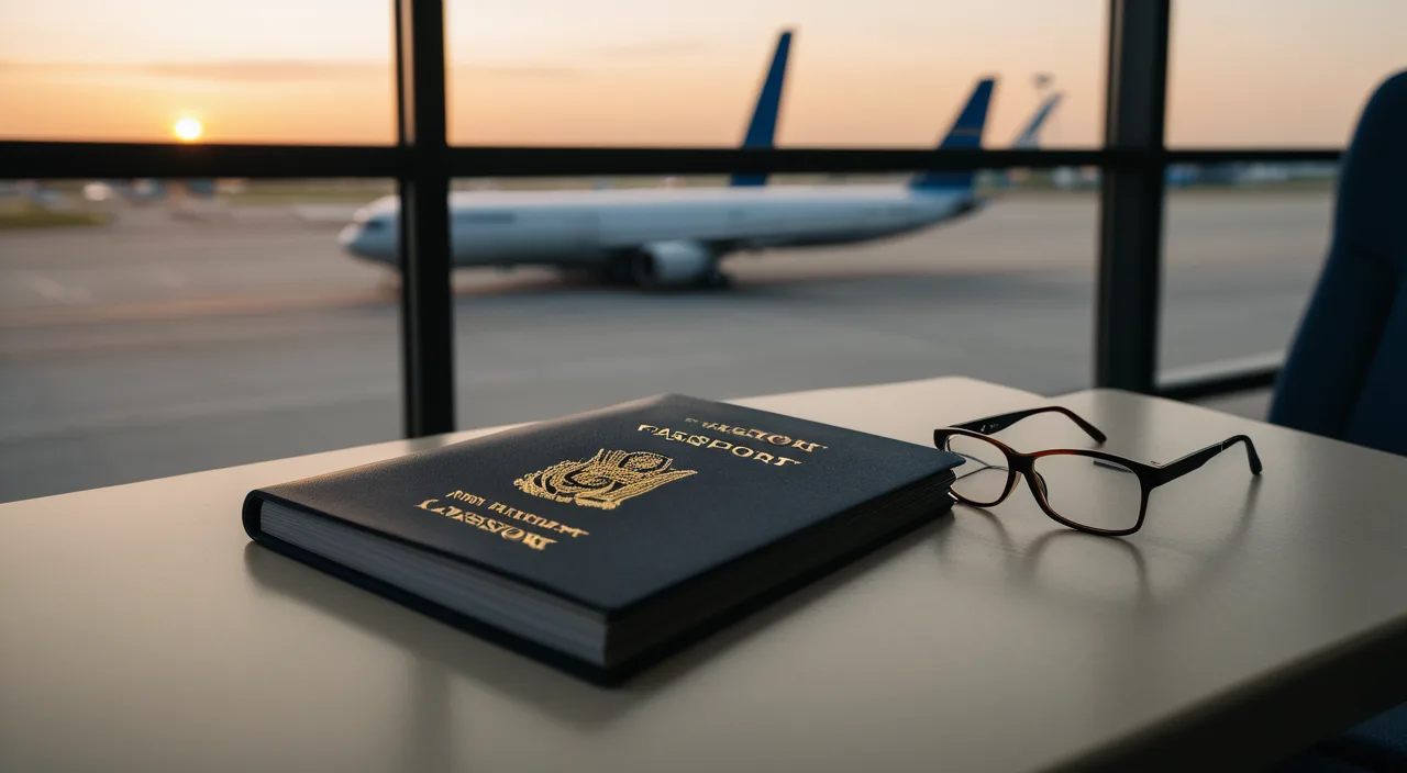 A passport and a pair of glasses beside an airline boarding area window at dusk