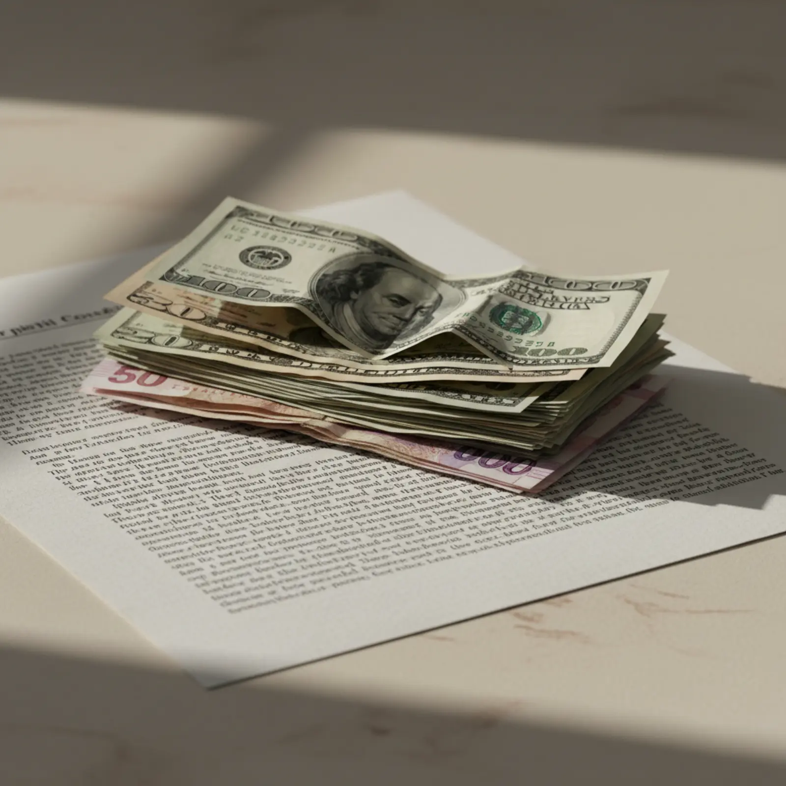 A stack of physical currency notes — US dollars, British pounds and Turkish lira — resting on a printed price disclosure sheet on a matte cream desk.