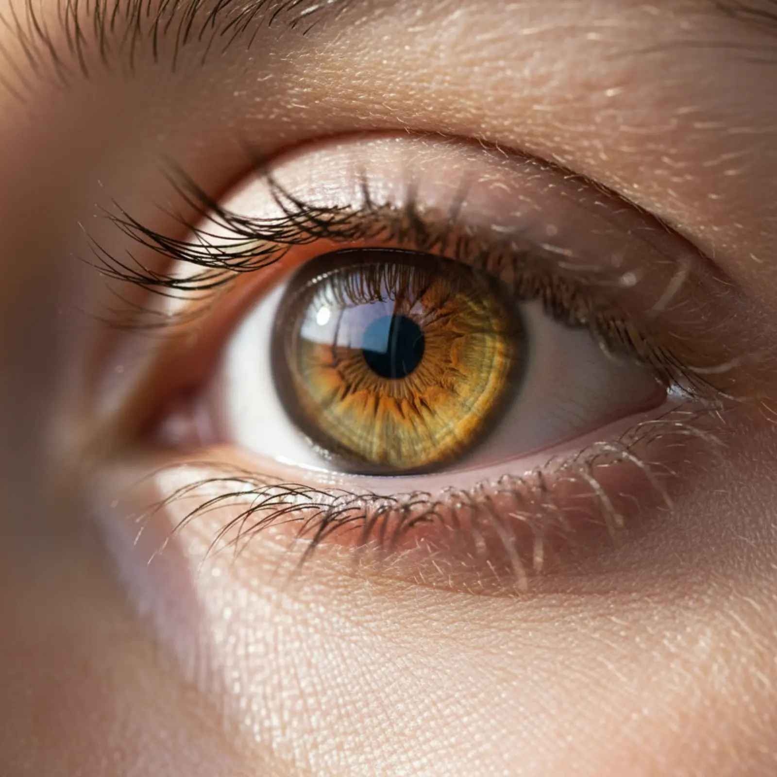 Extreme close-up macro of a single human eye with delicate eyelash detail and a glistening tear film catching natural soft window light.