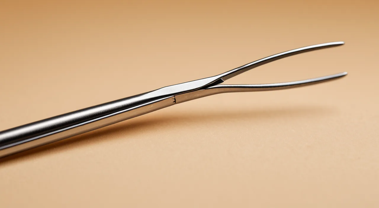 Fine surgical forceps used to handle the implantable lens, macro on warm paper