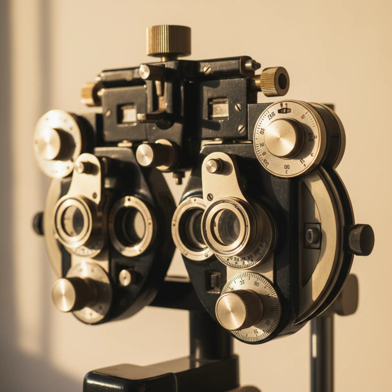 Close-up of a vintage phoropter refractor in warm directional window light, brass and lacquered metal catching the side light.