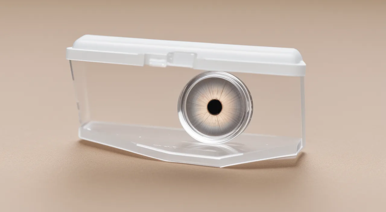 Macro photograph of an intraocular lens implant resting in its case under clinical light